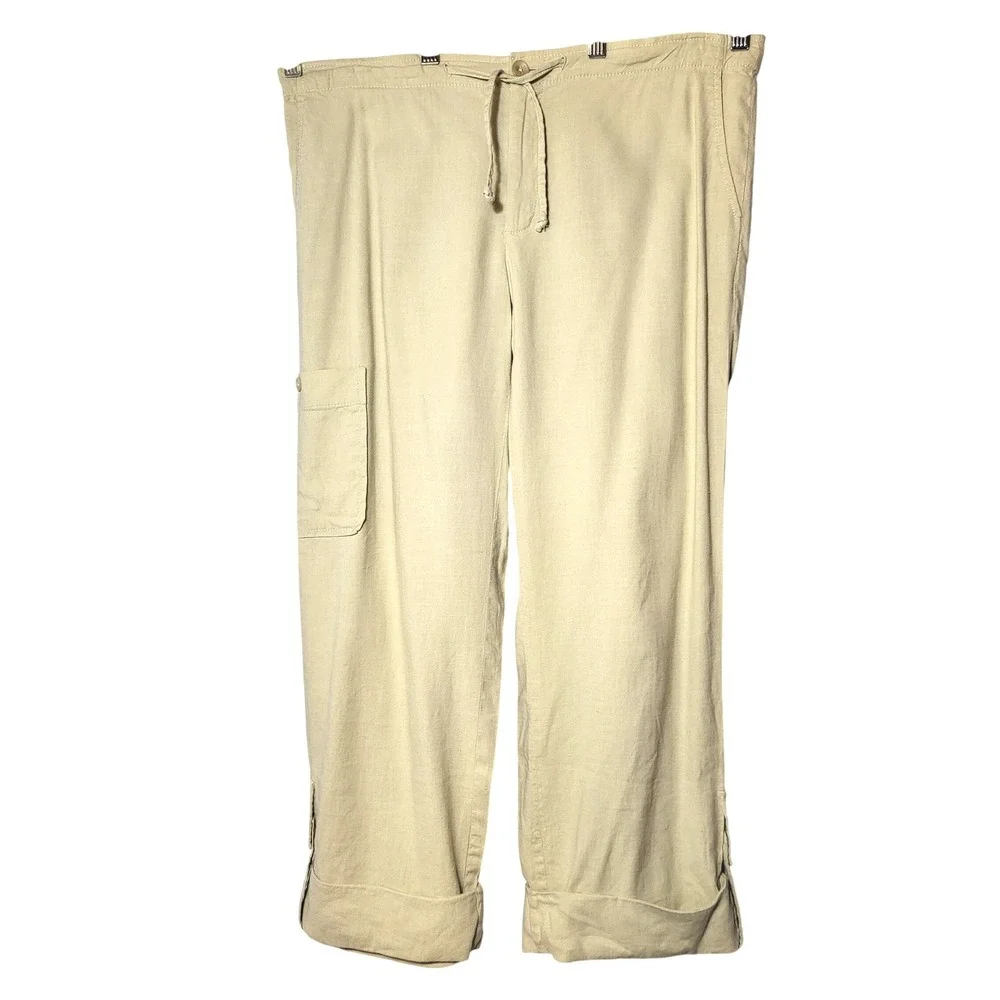 Banana Republic Womens Tan Linen Cargo Ankle Pants Drawstring Cuffs 10 Coastal